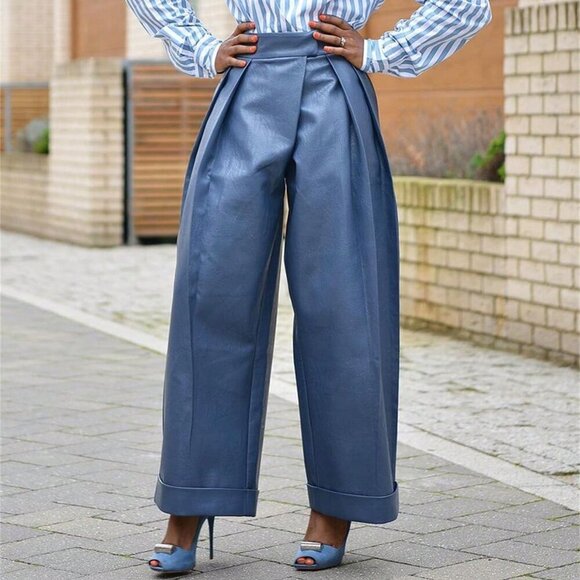 Dusty Blue Elegant Womens Faux leather Baggy w/Pockets Pants high street fashion - Picture 2 of 4